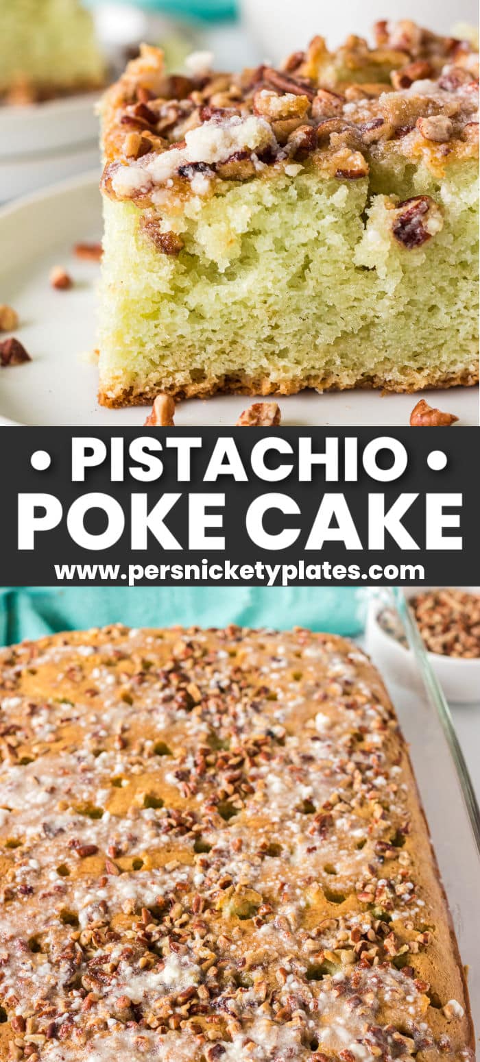 This Pistachio Pudding Poke Cake starts with a cake mix so it’s super easy and always a crowd pleaser. I’ve never made this cake without being asked for the recipe! Topped with pecans and filled with delicious pistachio pudding, this pistachio cake is simple yet irresistible! | www.persnicketyplates.com
