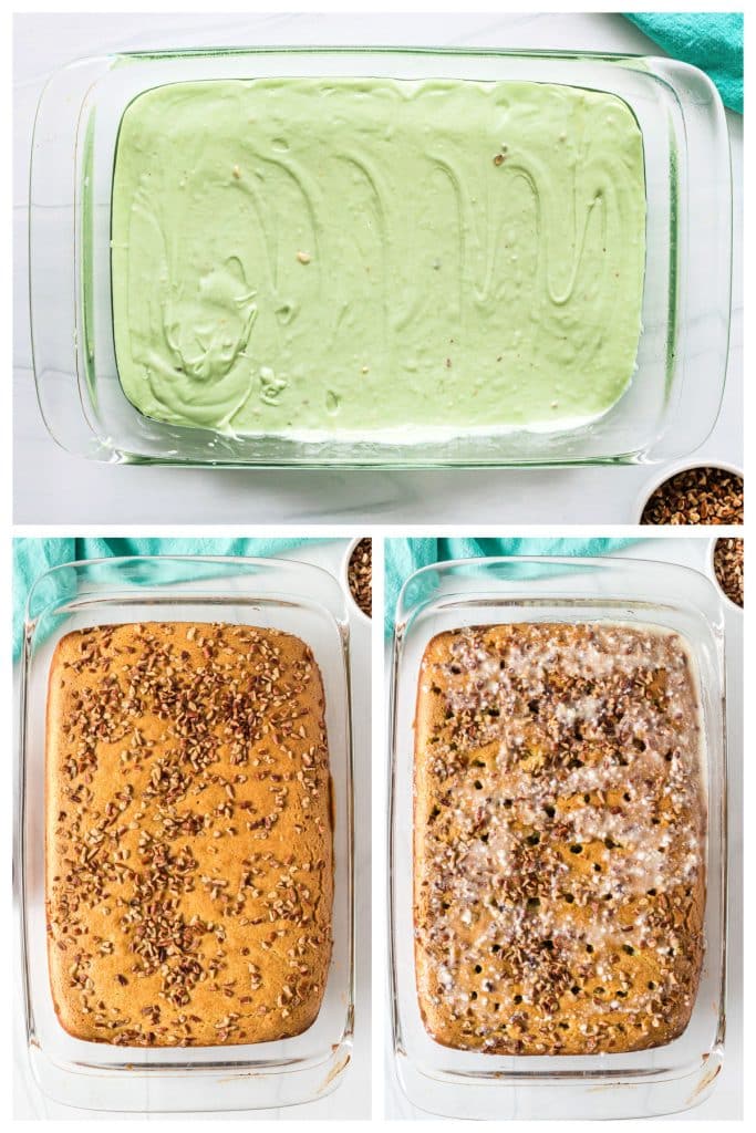 collage of 3 photos showing the process of making a pistachio cake in a 9x13 pan.