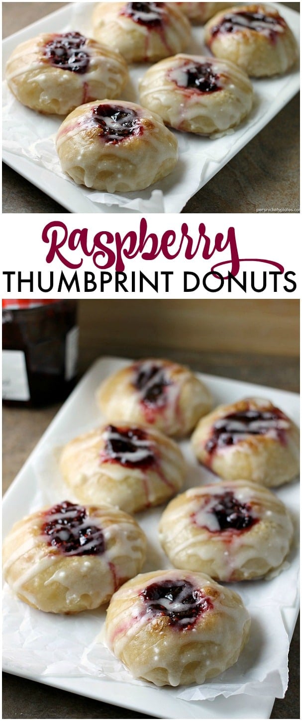 Two ingredients Raspberry Thumbprint Donuts are the perfect breakfast treat. Great to make with your kids! | Persnickety Plates