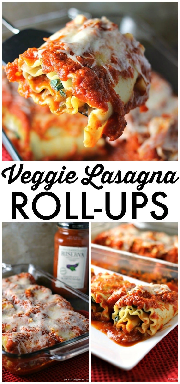 Veggie Lasagna Roll Ups are filled with spinach, zucchini, and cheeses and smothered in Eggplant and Artichoke sauce. | Persnickety Plates