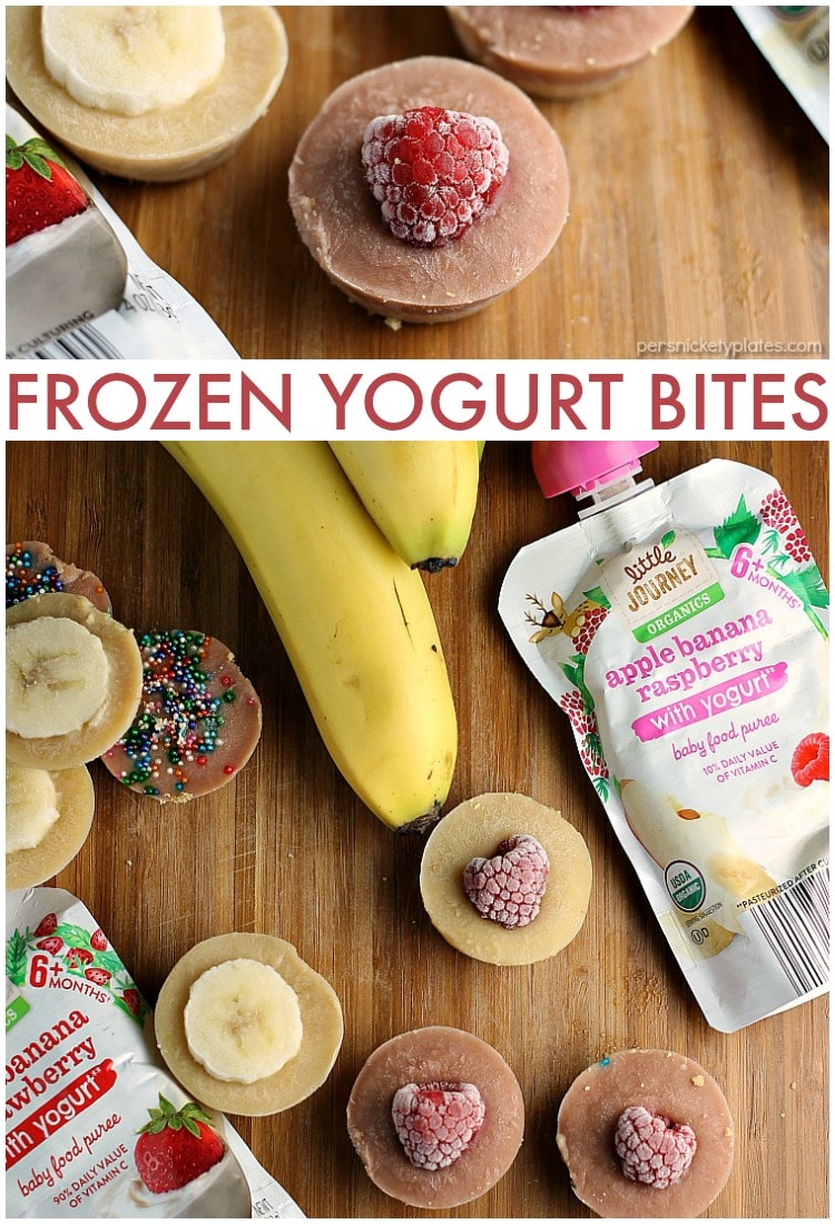 Frozen Yogurt Bites are a fun snack for toddlers and are simple to make using ALDI Little Journey baby food pouches. | Persnickety Plates AD