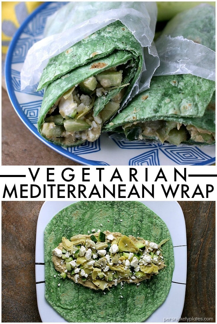 Vegetarian Mediterranean Wrap is a fresh, healthy vegetarian sandwich that takes all of five minutes to throw together. It's great for an on-the-go lunch!  | Persnickety Plates