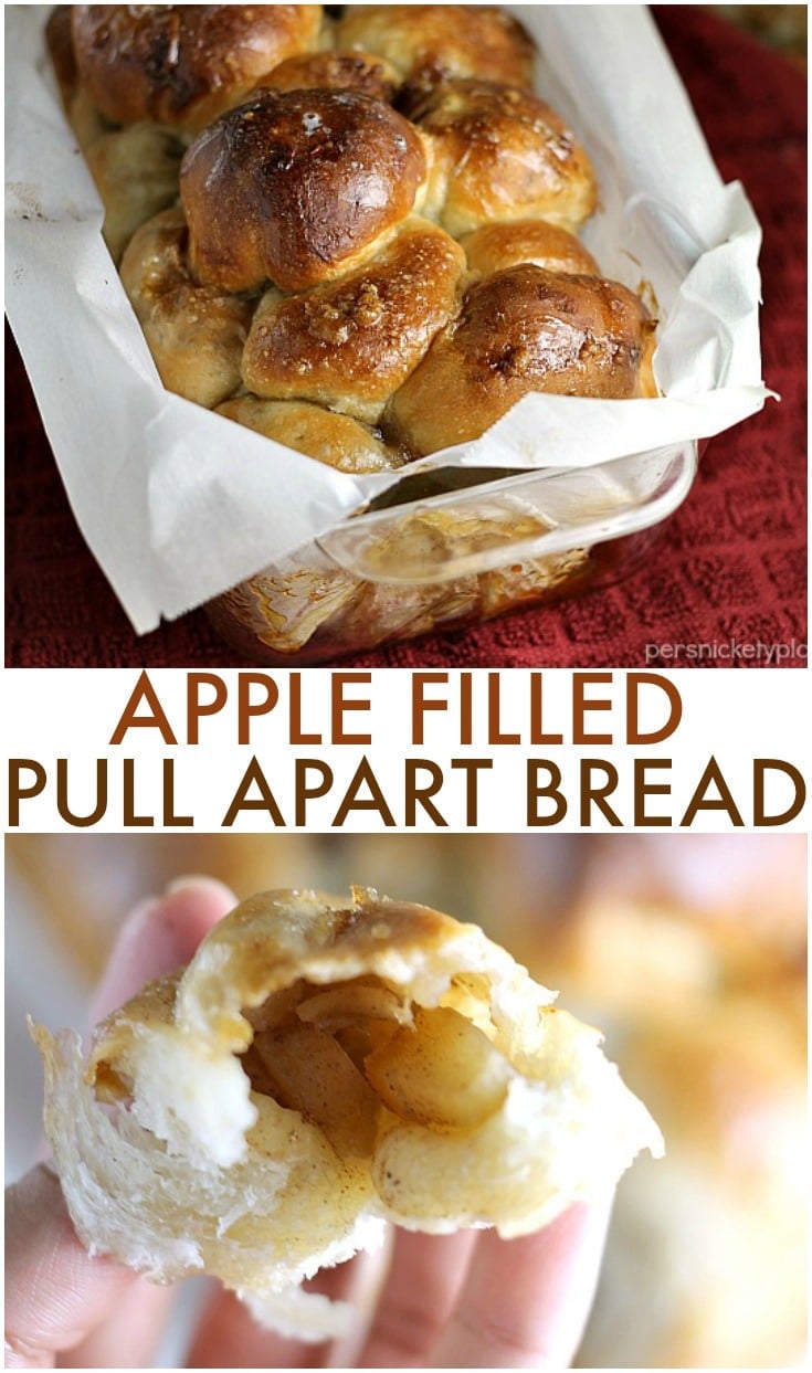 Apple Filled Pull Apart Bread is sticky and sweet and easy to make with the help of Rhodes Dinner Rolls! Pick your favorite fall apples and let your kids help you put together this simple dessert. | Persnickety Plates