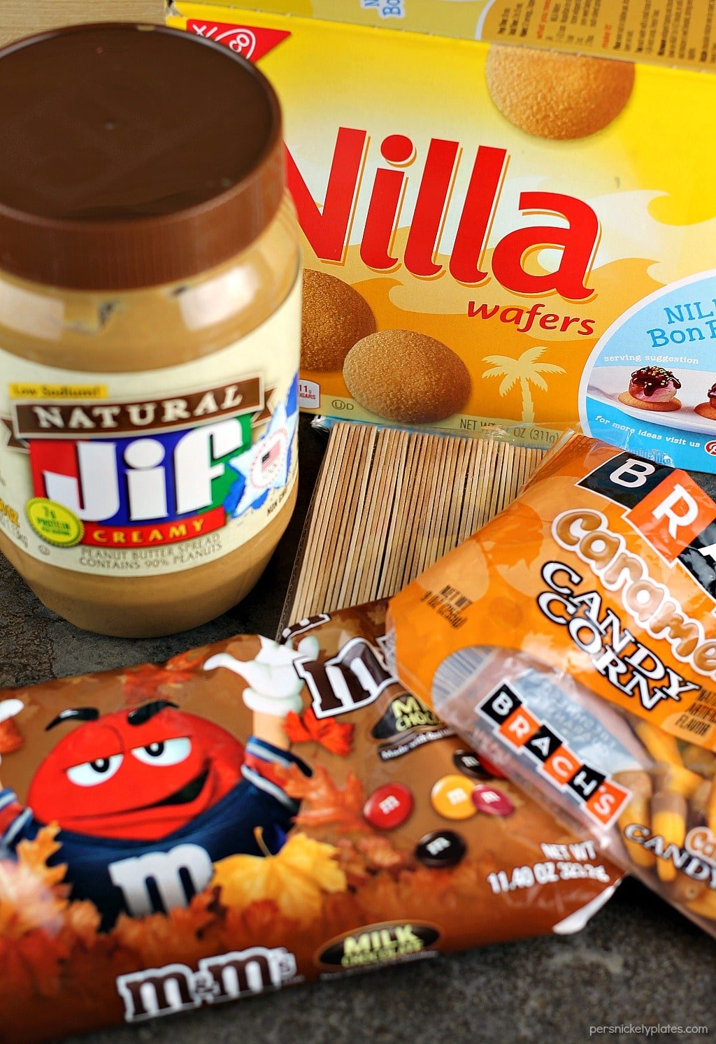 Nilla Wafer Thanksgiving Turkeys are cookies sandwiched together with peanut butter, dipped in chocolate, and decorated with fall colored M&Ms, candy corn, and candy eyes, all on a popsicle stick! So fun for the kids and festive for the Thanksgiving table!