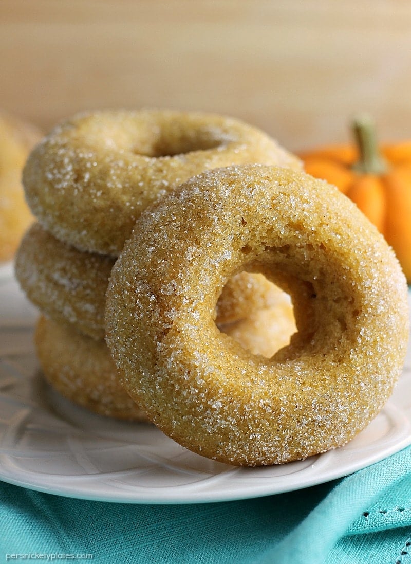 Cinnamon Sugar Pumpkin Donuts are simple because they're baked and they're perfect for the fall season. They also happen to be vegan/allergy-friendly, as an added bonus! | Persnickety Plates