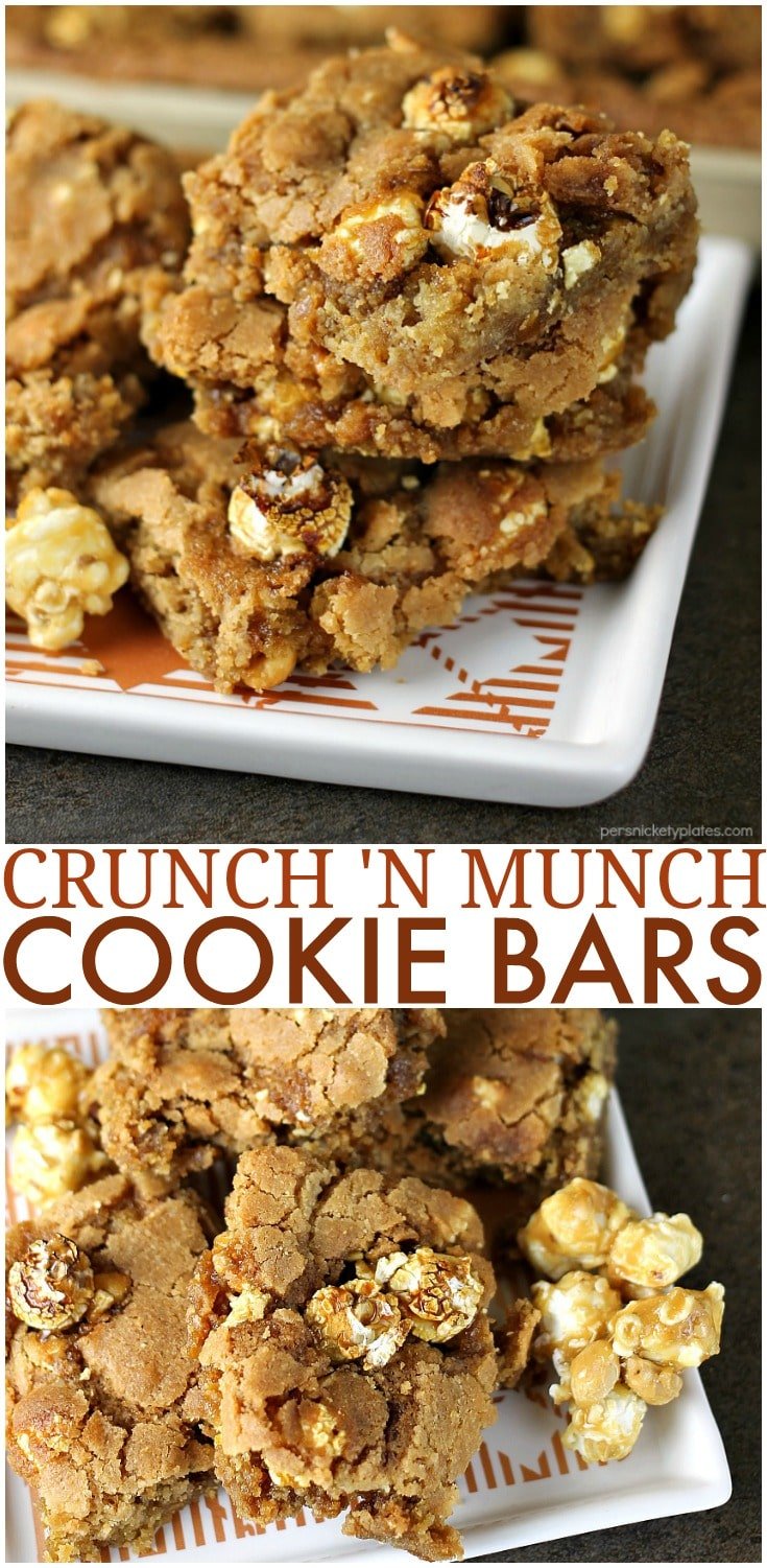 Crunch 'n Munch Cookie Bars have a soft, chewy, and buttery base with sweet & salty popcorn scattered throughout. | www.persnicketyplates.com