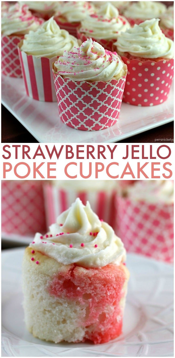 Strawberry Jello Poke Cupcakes start with a white cake mix but are jazzed up when you poke holes in them and pour on some strawberry Jello. It makes for a really moist, flavorful, and pretty cupcake! | Persnickety Plates AD