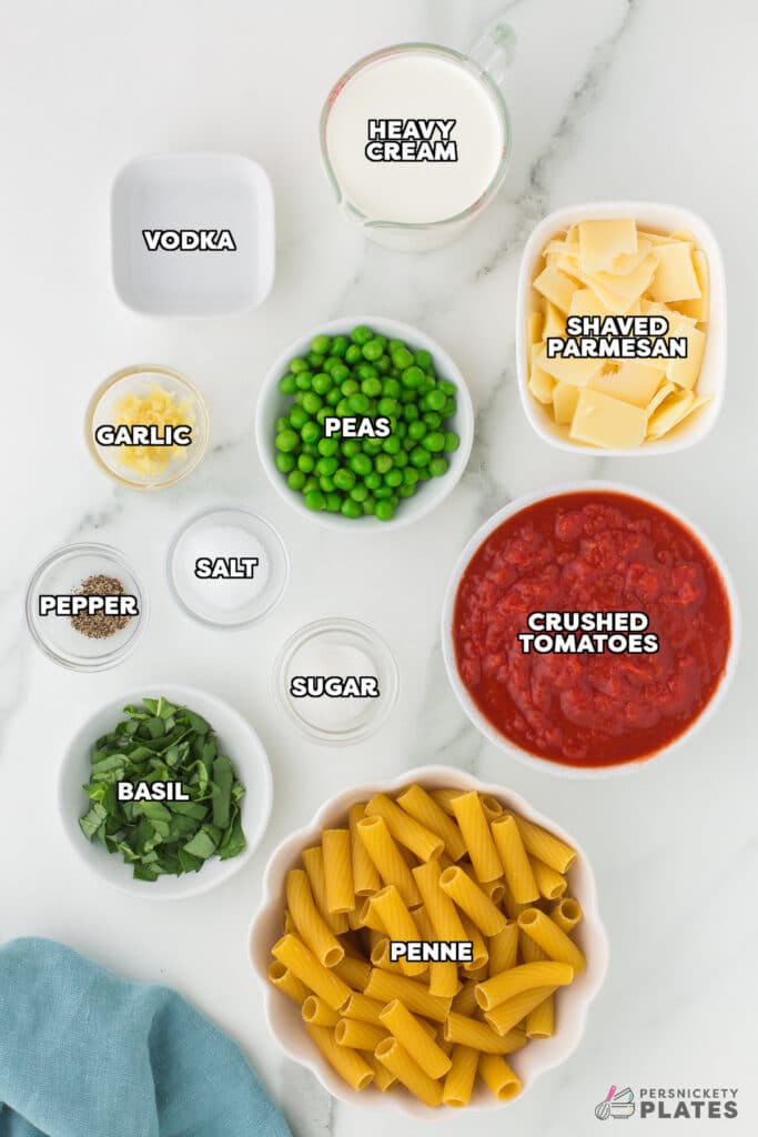 overhead shot of labeled ingredients laid out to make vodka rigatoni.