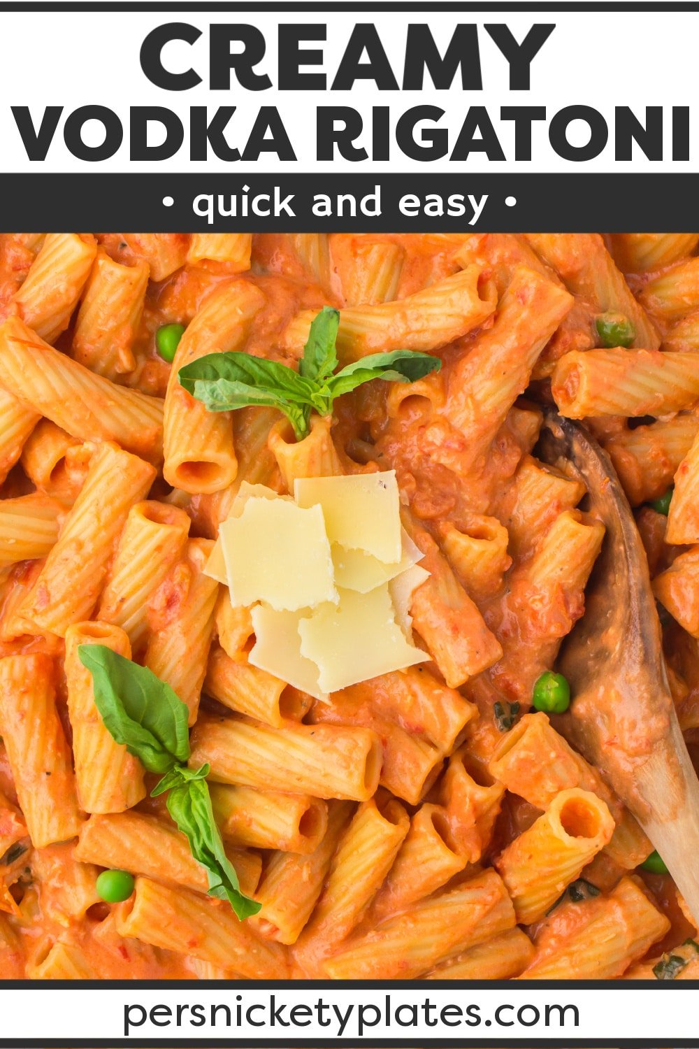 Vodka Rigatoni is a scrumptious pasta dish made with al dente pasta tossed in a rich vodka sauce made with tomatoes, heavy cream, an ounce of vodka, and parmesan cheese. Finished with fresh basil and peas, this easy and elegant one-pan meal is perfect for busy weeknights and fancier occasions!  | www.persnicketyplates.com