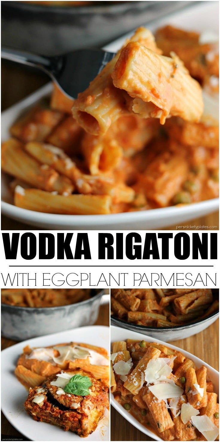 Vodka Rigatoni is creamy, comforting and easy even though it's made from scratch and it pairs beautifully with Eggplant Parmesan found in the freezer aisle. | Persnickety Plates AD