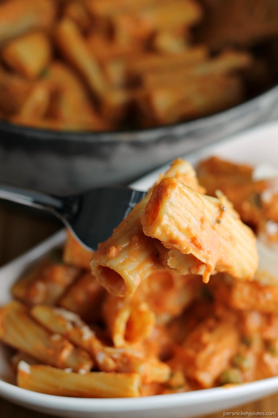 Vodka Rigatoni is creamy, comforting and easy even though it's made from scratch and it pairs beautifully with Eggplant Parmesan found in the freezer aisle. | Persnickety Plates