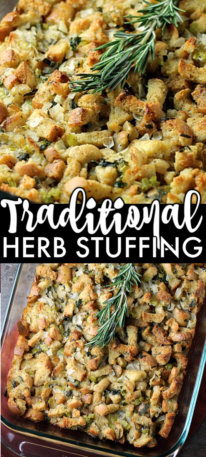 Traditional Herb Stuffing is very easy to make and filled with fresh, flavorful herbs. It'll be a hit on any Thanksgiving table! | www.persnicketyplates.com