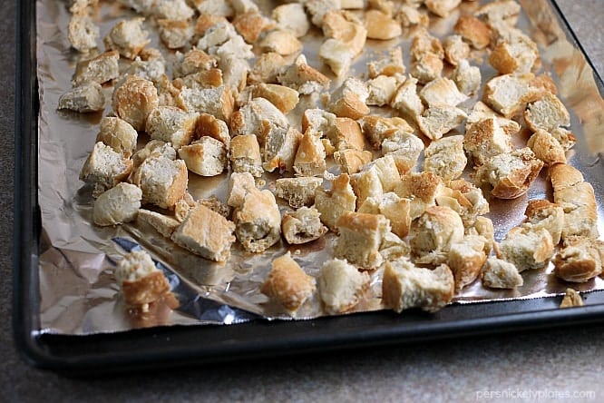 dried bread on baking sheet for herb stuffing