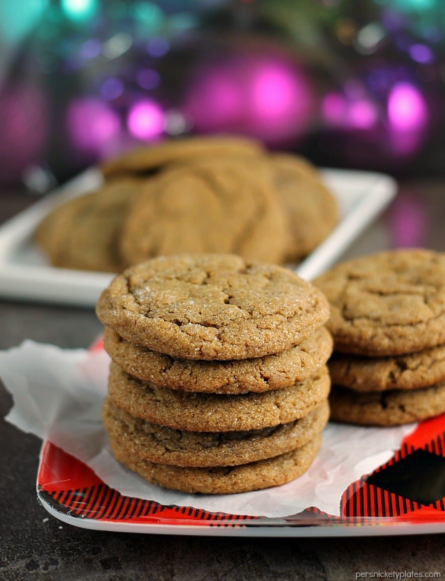 stack of ginger snap cookies on buffalo plaid red plate