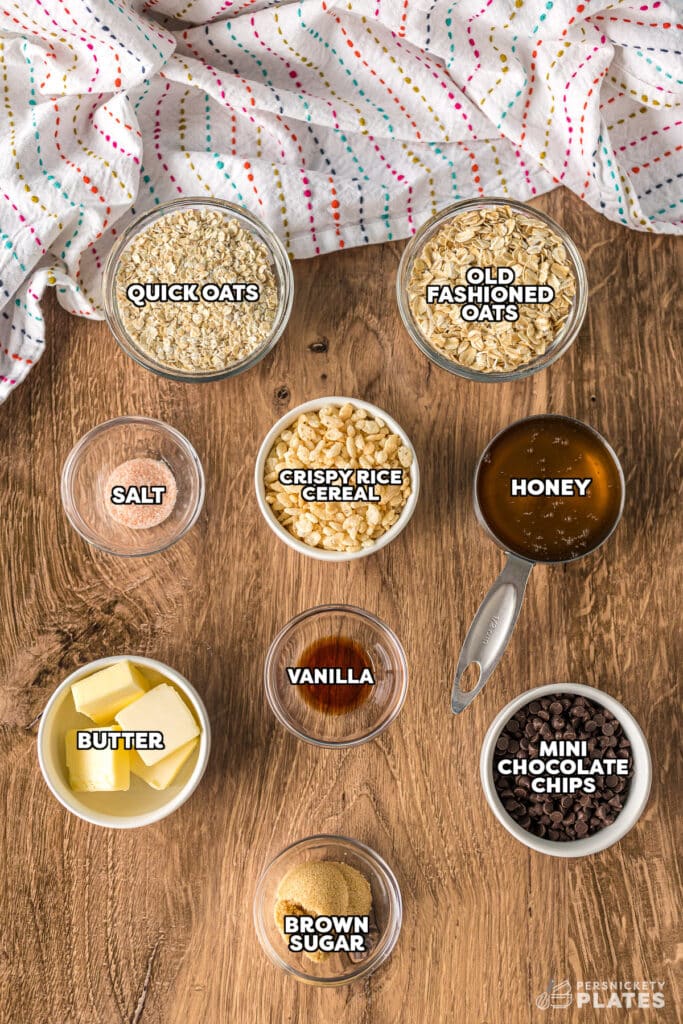 overhead shot of labeled ingredients laid out to make granola bars.