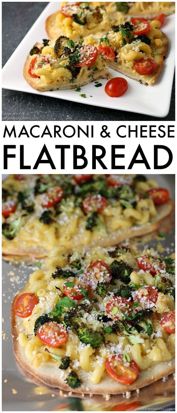 Macaroni and Cheese Flatbread topped with roasted broccoli, grape tomatoes, and panko bread crumbs makes a filling dinner or a great appetizer. | www.persnicketyplates.com AD