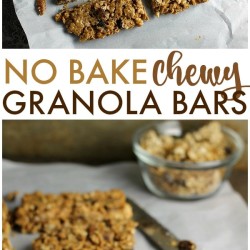 No Bake Chewy Granola Bars filled with peanut butter, honey, raisins, dates, and pecans are a healthy start to your day. With only five ingredients, you can whip them up in no time! | www.persnicketyplates.com #ad