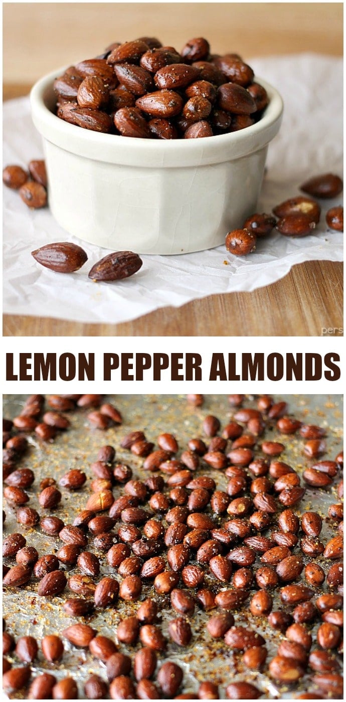 Lemon Pepper Almonds are a healthy and easy snack. They only take a few minutes to put together but they're full of flavor and protein to keep you full! | www.persnicketyplates.com AD