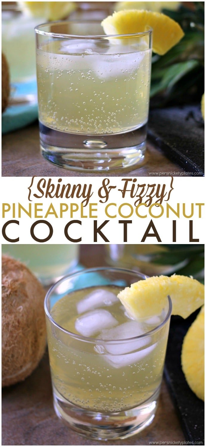 Skinny Pineapple Coconut Cocktail is a fizzy, low calorie drink that is perfect for summertime. | www.persnicketyplates.com #cocktail