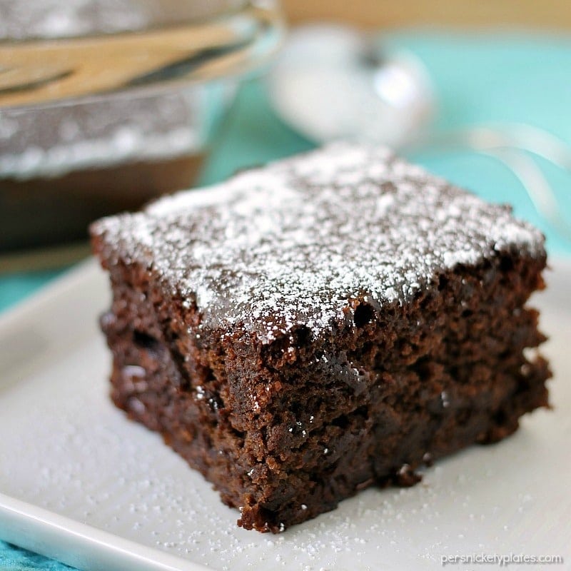 Chocolate Snack Cake is a simple, dairy-free, cake made from scratch that is perfect for the kids to help with! | www.persnicketyplates.com