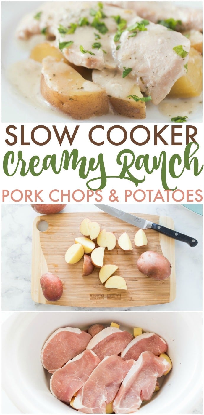 Slow Cooker Creamy Ranch Pork Chops and Potatoes - six ingredients and a full meal right in your slow cooker! | www.persnicketyplates.com #dinner #slowcooker #crockpot #easyrecipe #porkchops