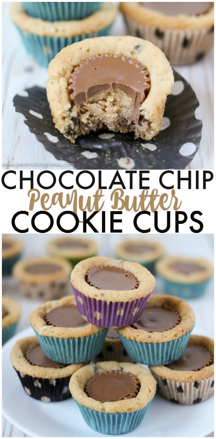 Chocolate Chip Peanut Butter Cookie Cups are only two ingredients and are ready in just 20 minutes. Perfect for a last minute bake sale, class treat, or craving! | www.persnicketyplates.com #easydessert #cookie #cookiecups #semihomemade #dessert
