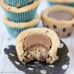 Chocolate Chip Peanut Butter Cookie Cups are only two ingredients and are ready in just 20 minutes. Perfect for a last minute bake sale, class treat, or craving! | www.persnicketyplates.com
