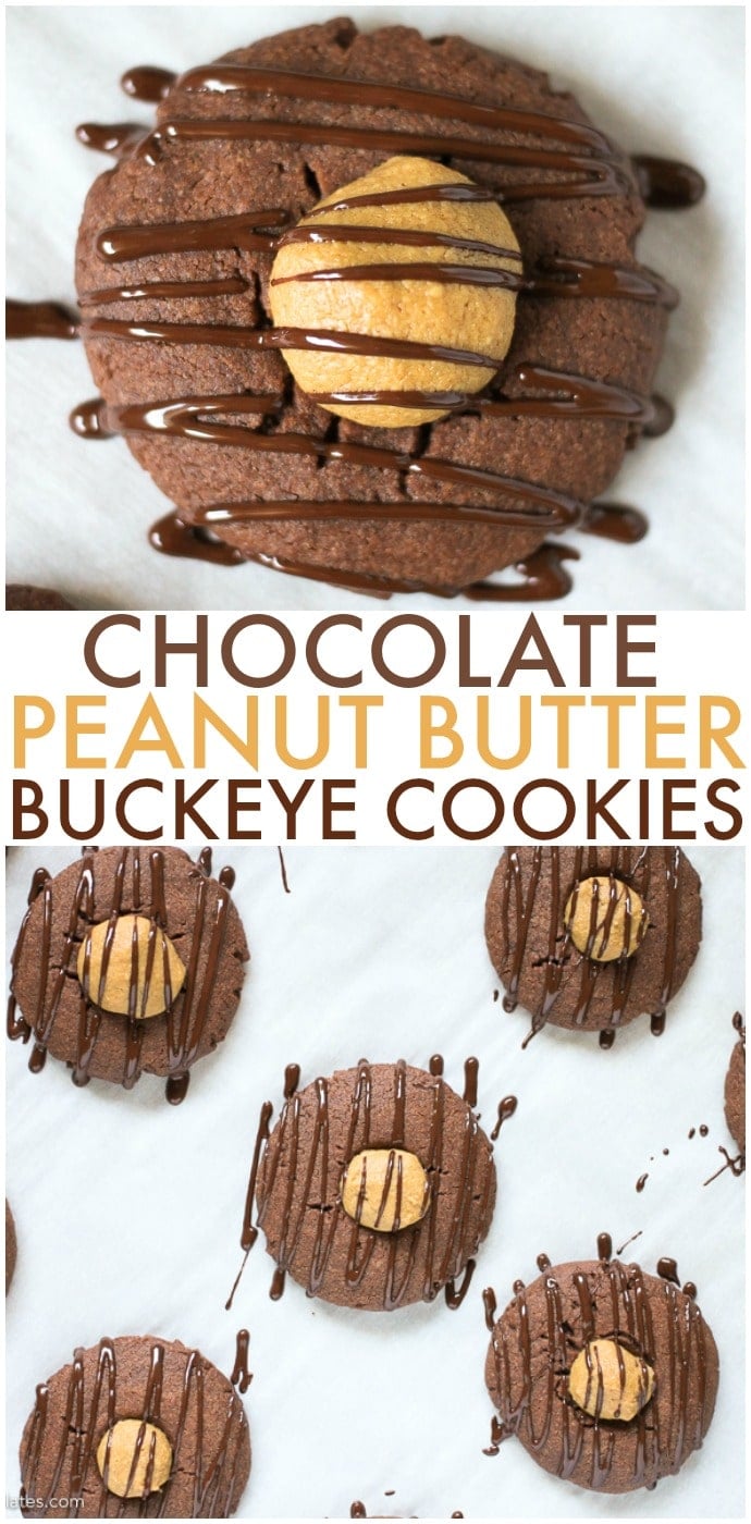 Chocolate Peanut Butter Buckeye Cookies take everything you love about a peanut butter ball (a "Buckeye") and combine it with a soft and chewy chocolate cookie. | www.persnicketyplates.com