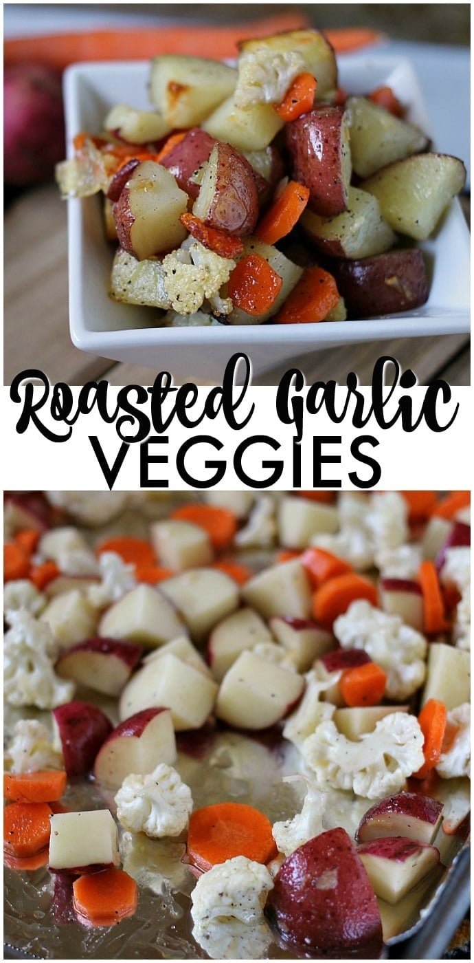 Garlic Roasted Veggies are a mix of cauliflower, carrots, and red skin potatoes tossed in olive oil and garlic and roasted to perfection. | www.persnicketyplates.com