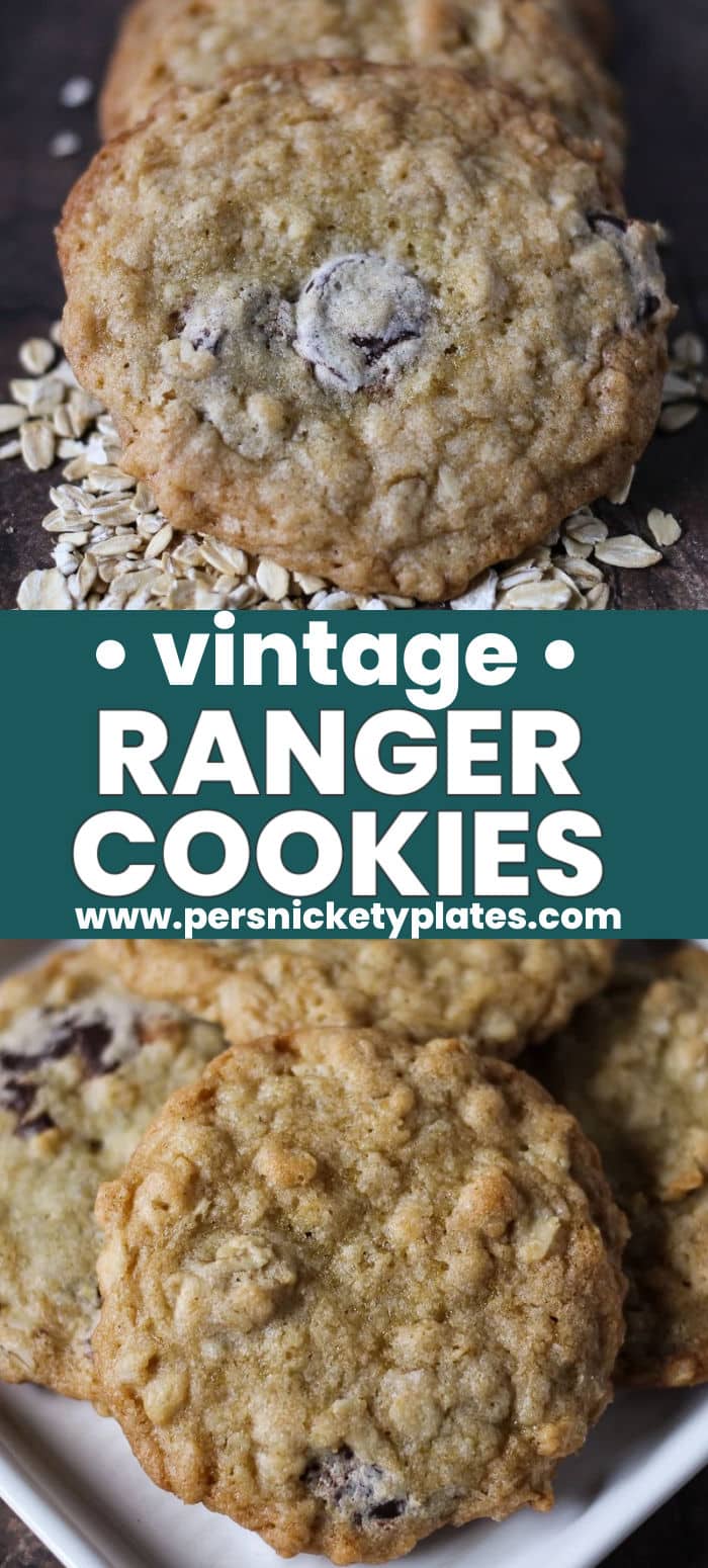 Ranger Cookies are a soft and chewy cookie filled with oatmeal, chocolate chips, and crispy rice cereal. Definitely a new favorite for the cookie jar! | www.persnicketyplates.com