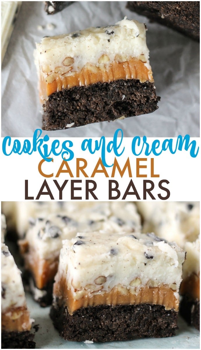 Cookies and Cream Caramel Layer Bars start with a layer of Pillsbury Cookies 'n Creme cookie dough, topped with a layer of caramel, chopped pecans, frosting, then finished with melted Cookies 'n Creme candy bars. I hope your sweet tooth is ready! | www.persnicketyplates.com