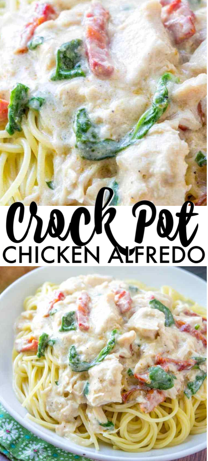Five ingredient, super simple, Crock Pot Chicken Alfredo takes no time at all to throw together in the slow cooker. This easy crockpot chicken alfredo recipe will become a staple in your meal plan. | www.persnicketyplates.com #slowcooker #crockpot #pasta #comfortfood #familyrecipe #easyrecipe