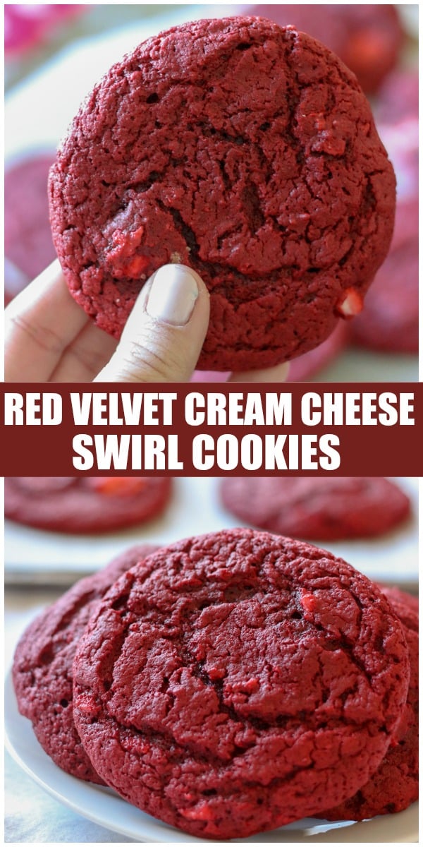 These Red Velvet Cream Cheese Swirl Cookies are only six ingredients with the help of a cake mix. A moist red velvet cookie with swirls of cream cheese throughout make the perfect and festive treat for Valentine's Day! | www.persnicketyplates.com