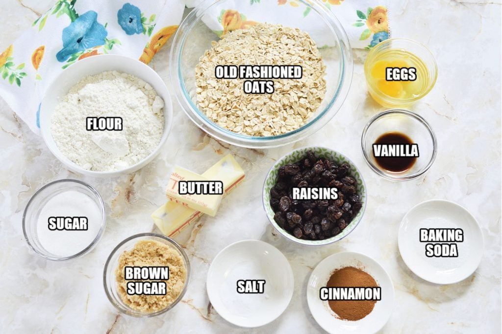 bowls of ingredients laid out to make oatmeal raisin cookies