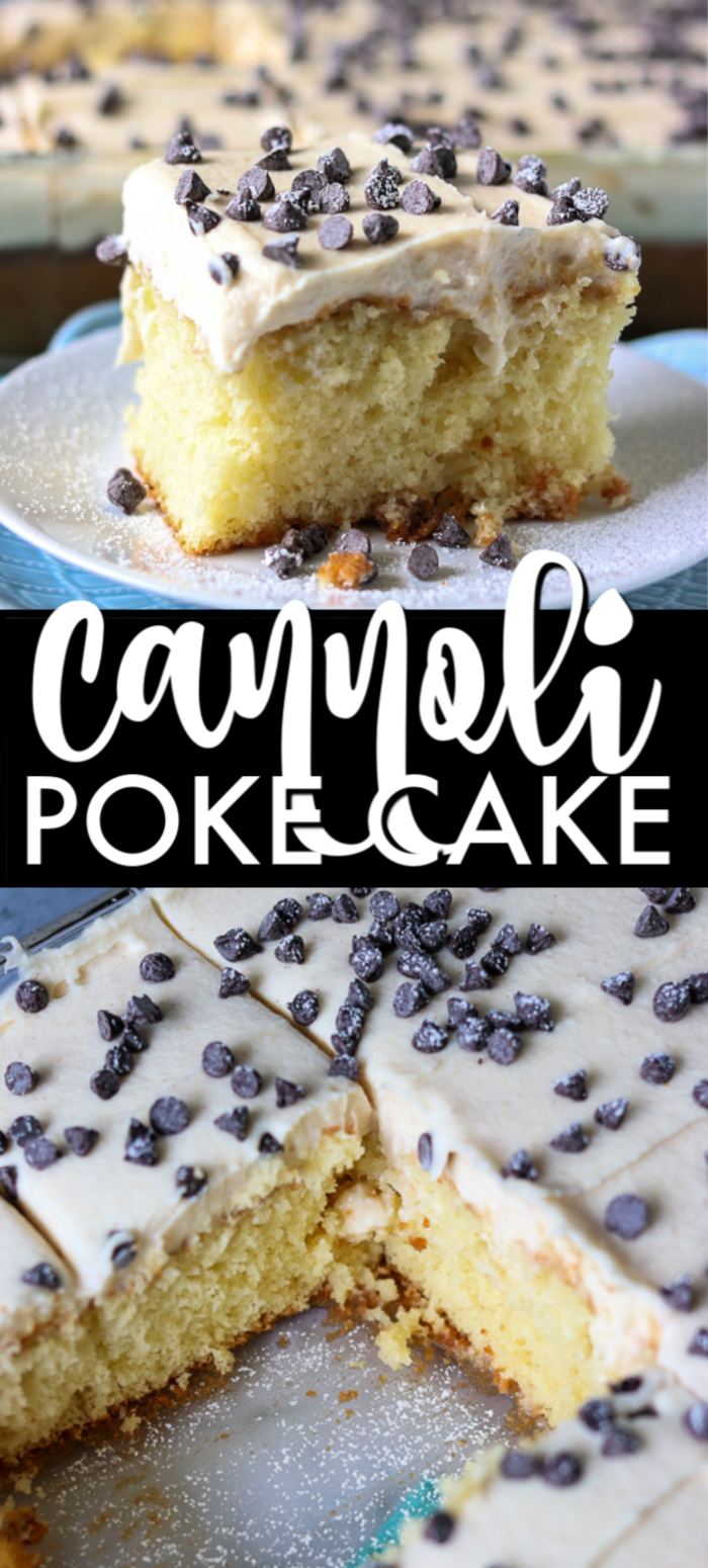 Cannoli Poke Cake is a super moist white cake topped with a cannoli filling frosting and mini chocolate chips. If you love cannolis, you're going to love them even more in cake form! | www.persnicketyplates.com #pokecake #cannoli #dessert #cake #easydessert 