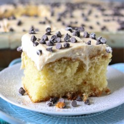 close up of cannoli poke cake topped with mini chocolate chips