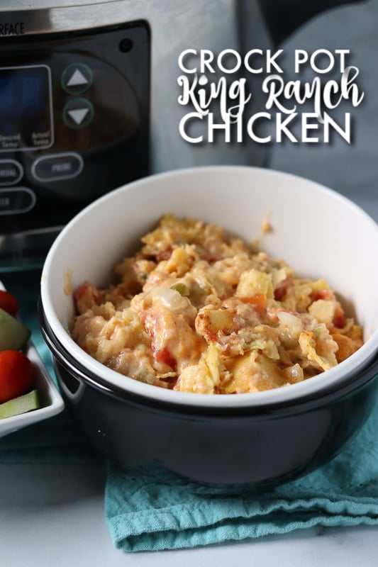 bowl of king ranch chicken casserole in front of crock pot