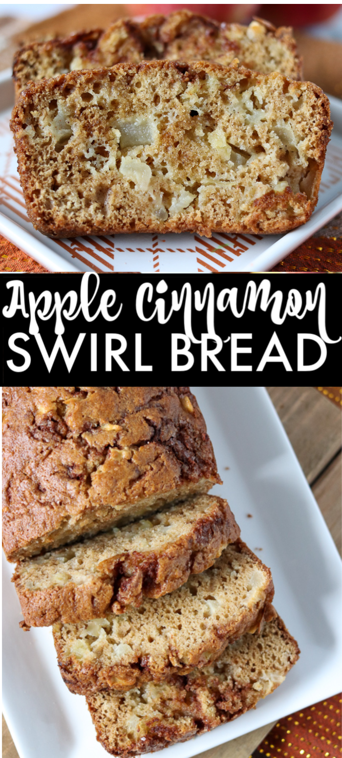 Apple Cinnamon Swirl Bread - Chunks of apple and swirls of cinnamon in this easy quick bread recipe that doesn't even need a mixer! | www.persnicketyplates.com #applebread #easyrecipe #cinnamon #dessert #apples
