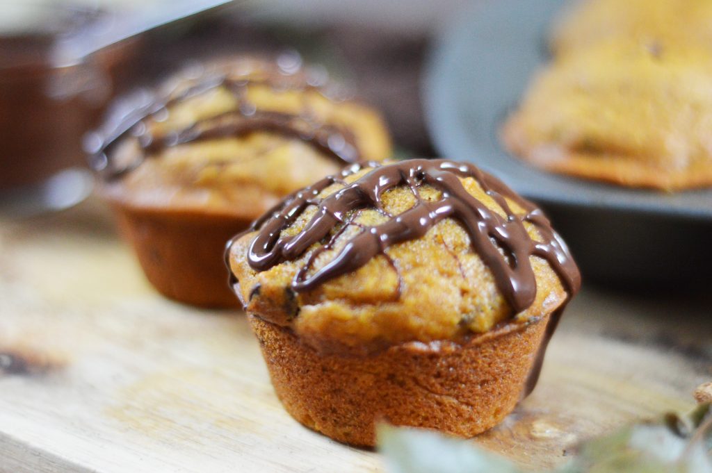 pumpkin chocolate chip muffin with chocolate drizzle