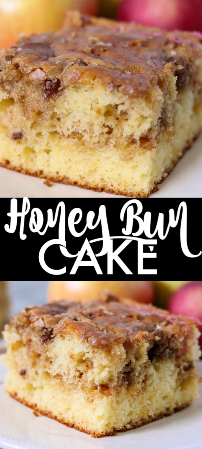 Honey Bun Cake is a semi-homemade, sweet & moist cake filled with cinnamon and pecans that is perfect with a cup of coffee or a glass of milk. | www.persnicketyplates.com