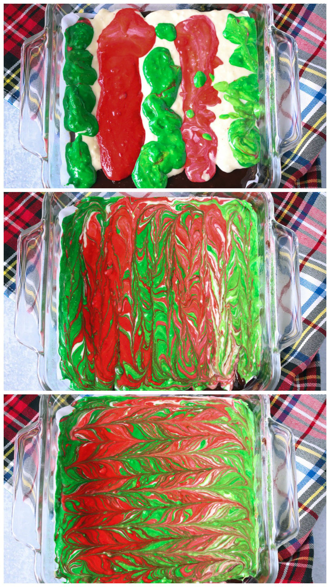 cheesecake batter in baking dish swirled with red & green