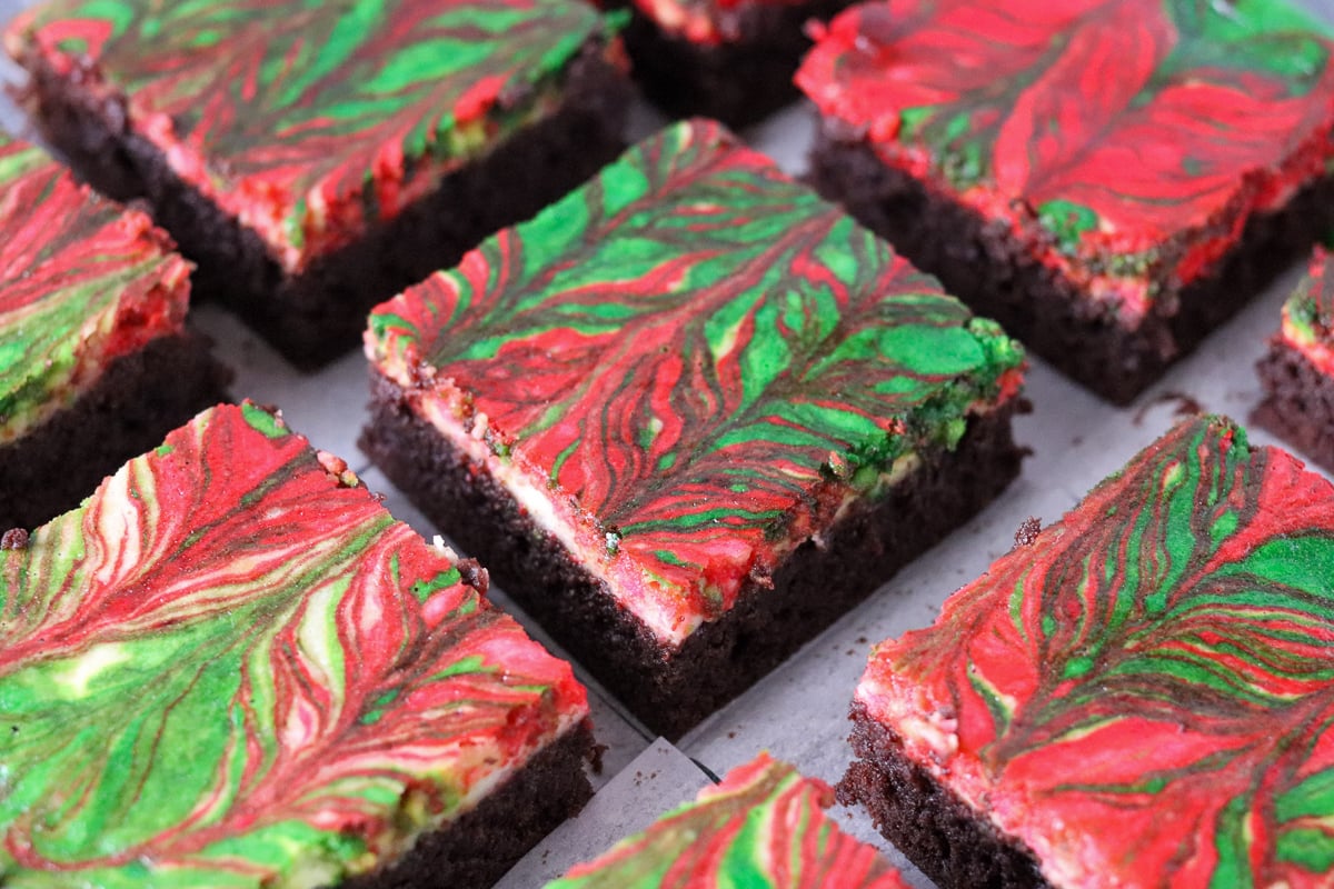 sliced christmas brownies with red & green swirls