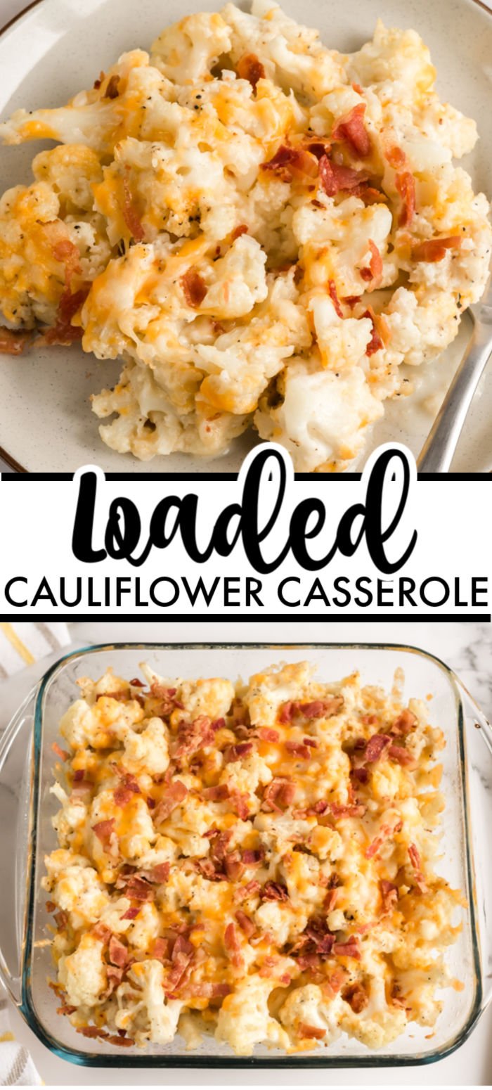 Loaded Cauliflower Casserole is a low carb, delicious alternative to loaded potato casserole. You'll want this easy baked cauliflower casserole in regular rotation after you taste how good it is! | www.persnicketyplates.com #lowcarb #keto #cauliflower #sidedish #easyrecipe #vegetables
