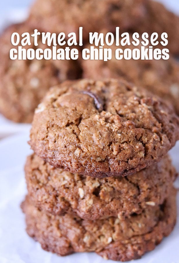 stack of oatmeal molasses cookies with title text