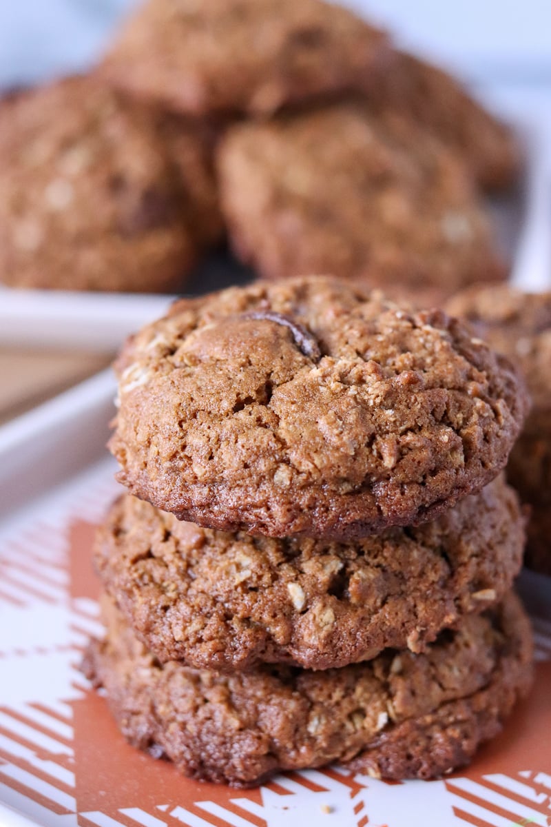 stack of molasses cookies with plate in the back