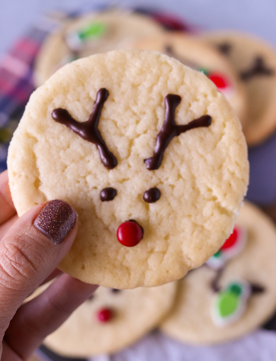 Easy Reindeer Cookies make an adorable addition to the holiday dessert table or Santa's cookie plate! Make these super simple with pre-made cookie dough or bake sugar cookies from scratch.  | www.persnicketyplates.com #christmas #christmascookie #reindeer #easyrecipe #sugarcookie