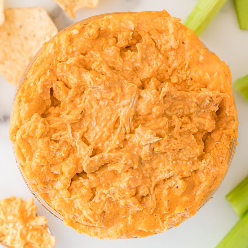 close up of buffalo chicken dip in bowl