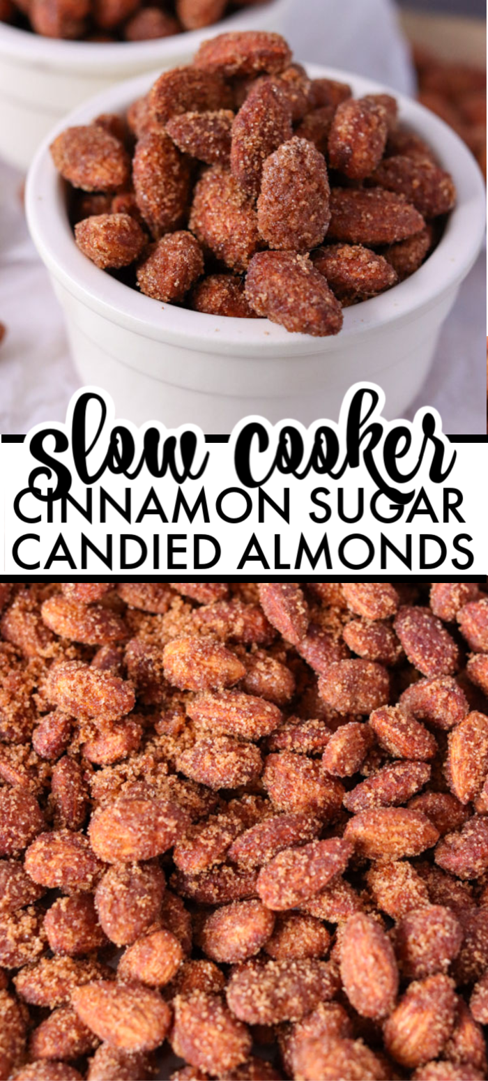 Sweet and crunchy slow cooker cinnamon sugar candied almonds are just like you get from the mall or a festival but made right in your slow cooker! | www.persnicketyplates.com #almonds #slowcooker #crockpot #candiedalmonds #easyrecipe #christmascandy #candy