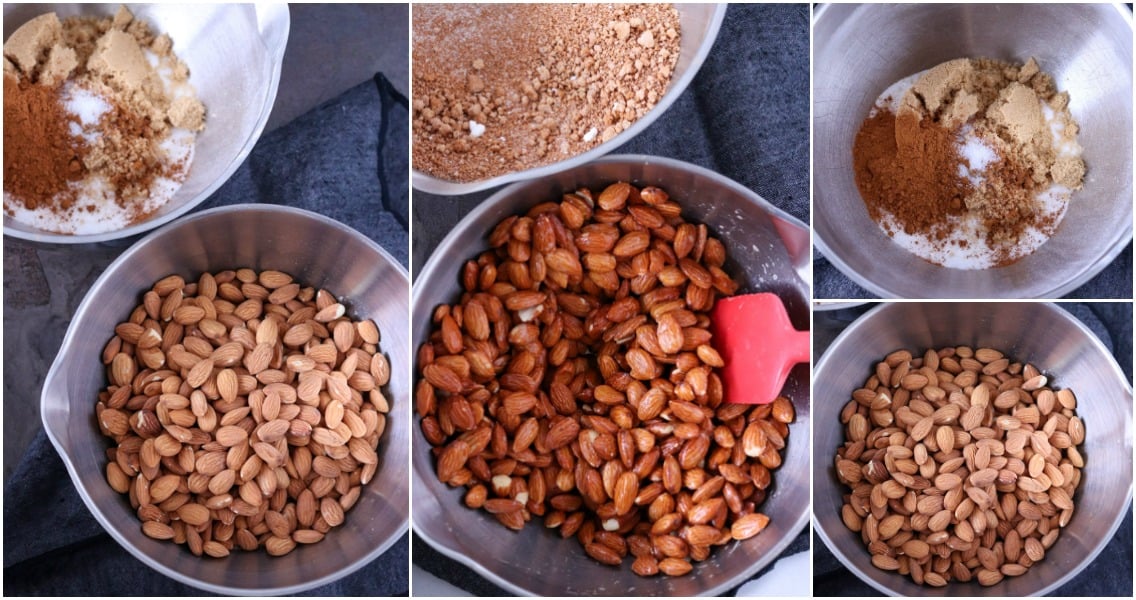 collage of almonds in mixing bowl making candied almonds