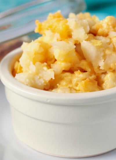bowl of cheesy potato casserole